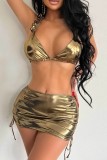 Gold Sexy Solid Bandage Backless Swimsuit Three Piece Set (With Paddings)