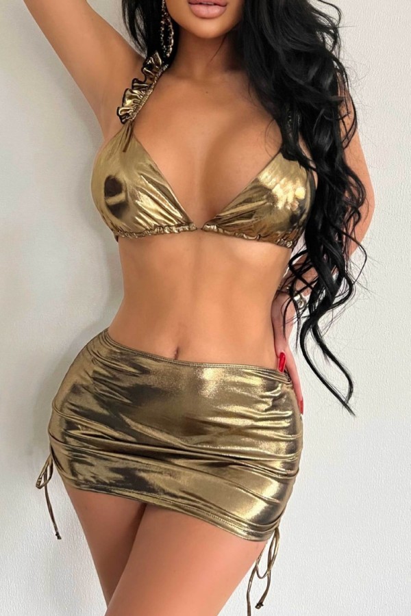 Gold Sexy Solid Bandage Backless Swimsuit Three Piece Set (With Paddings)