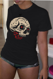 Red Casual Street Print Skull Patchwork O Neck T-Shirts