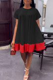 Rose Red Casual Solid Patchwork O Neck Short Sleeve Dress