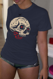 Royal Blue Casual Street Print Skull Patchwork O Neck T-Shirts