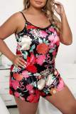 Black Red Living Print Backless Spaghetti Strap Plus Size Sleepwear Two Pieces
