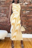 Light Yellow Casual Print Basic O Neck Sleeveless Dress Dresses