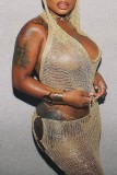 Silver Sexy Solid Hollowed Out Backless Hooded Collar Sleeveless Two Pieces