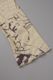 Beige Casual Print Hollowed Out O Neck Long Sleeve Two Pieces