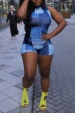 Blue Casual Print Basic Turtleneck Skinny Romper
