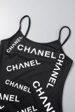 Black Sexy Print Letter Spaghetti Strap A Line Dresses