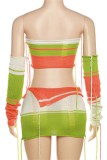 Red Sexy Patchwork Backless Contrast Strapless Long Sleeve Four Piece Set