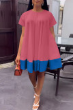 Rose Red Casual Solid Patchwork O Neck Short Sleeve Dress