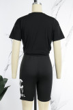 Black Street Print Letter O Neck Short Sleeve Two Pieces