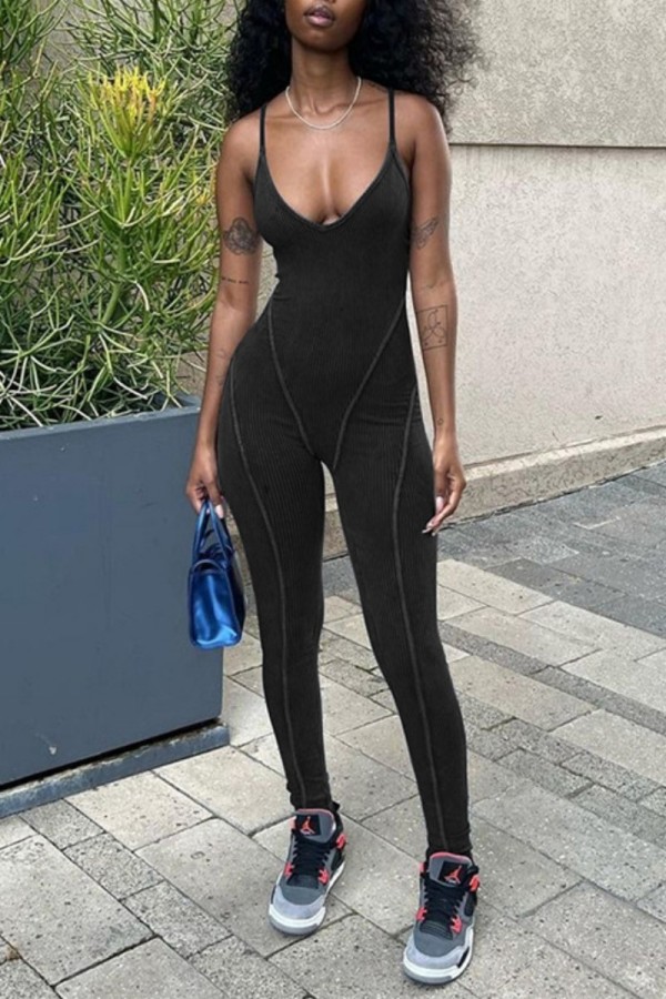 Black Sexy Casual Solid Backless Spaghetti Strap Skinny Jumpsuits