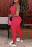 Rose Red Sexy Casual Solid Backless Halter Skinny Jumpsuits