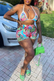 Rose Red Sexy Print Bandage Backless Swimwears(Two Pieces)