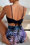 Black Sexy Print Frenulum Backless Swimwears (With Paddings)