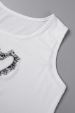 White Casual Solid Patchwork Rhinestone O Neck Tops