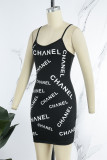 Black Sexy Print Letter Spaghetti Strap A Line Dresses