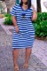 Blue Casual Striped Print Letter V Neck Straight Dresses