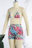 Rose Red Sexy Print Bandage Backless Swimwears(Two Pieces)