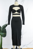 Black Sexy Casual Solid Hollowed Out O Neck Long Sleeve Dresses
