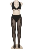 Black Sexy Solid Patchwork See-through Backless Spaghetti Strap Sleeveless Two Pieces