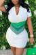 Green Casual Patchwork Contrast Turndown Collar Short Sleeve Dress