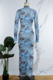 Blue Casual Print Patchwork Half A Turtleneck Long Sleeve Dresses