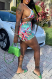 Rose Red Sexy Print Bandage Backless Swimwears(Two Pieces)