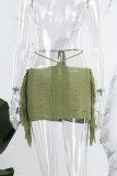Blue Sexy Solid Tassel Patchwork Frenulum Skinny Mid Waist Conventional Solid Color Skirt (Only Skirt)
