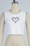 White Casual Solid Patchwork Rhinestone O Neck Tops