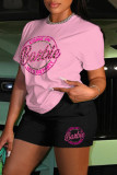 Pink Casual Letter Print Basic O Neck Short Sleeve Two Pieces