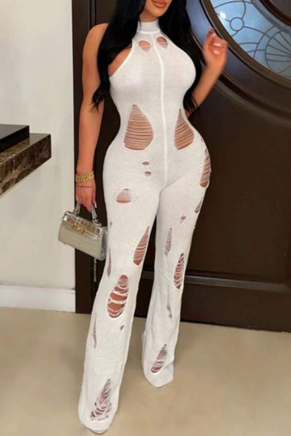 White Sexy Casual Solid Ripped Half A Turtleneck Skinny Jumpsuits