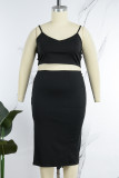 Black Casual Solid Patchwork Slit Spaghetti Strap One Step Skirt Plus Size Two Pieces