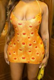 Orange Sexy Print Backless Spaghetti Strap Sleeveless Dress Dresses
