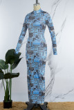 Blue Casual Print Patchwork Half A Turtleneck Long Sleeve Dresses
