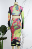 Multicolor Sexy Casual Print Frenulum V Neck Long Sleeve Two Pieces