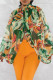 Green Casual Print Slit Turtleneck Tops