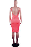 rose red Sexy Fashion Spaghetti Strap Sleeveless Slip Step Skirt Knee-Length Draped Patchwork Fluor