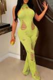 Green Sexy Casual Solid Ripped Half A Turtleneck Skinny Jumpsuits