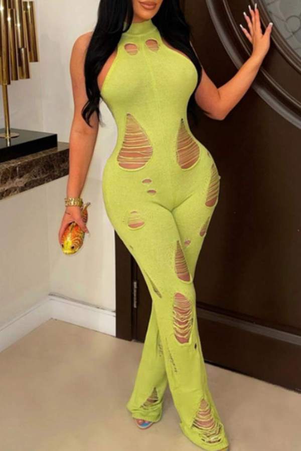 Green Sexy Casual Solid Ripped Half A Turtleneck Skinny Jumpsuits