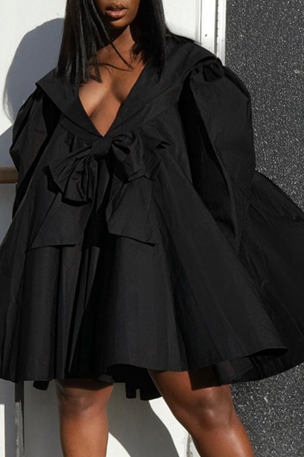 Black Sweet Solid Patchwork Buttons With Bow V Neck Straight Dresses