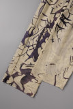 Beige Casual Print Hollowed Out O Neck Long Sleeve Two Pieces