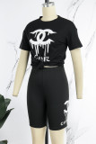 Black Street Print Letter O Neck Short Sleeve Two Pieces