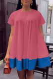 Rose Red Casual Solid Patchwork O Neck Short Sleeve Dress