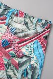 Rose Red Sexy Print Bandage Backless Swimwears(Two Pieces)