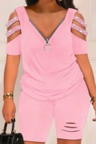 Pink Casual Solid Hollowed Out Patchwork Hot Drill V Neck Plus Size Two Pieces