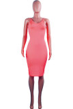 rose red Sexy Fashion Spaghetti Strap Sleeveless Slip Step Skirt Knee-Length Draped Patchwork Fluor
