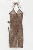 Brown Sexy Solid Bandage Hollowed Out See-through Backless Swimwears Cover Up