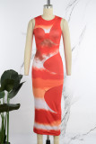 Red Sexy Casual Print Basic O Neck Long Dress Dresses