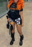 Black Street Vintage Print Patchwork Letter O Neck T-Shirts