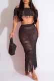 Black Sexy Casual Solid Tassel Hollowed Out Off the Shoulder Short Sleeve Two Pieces
